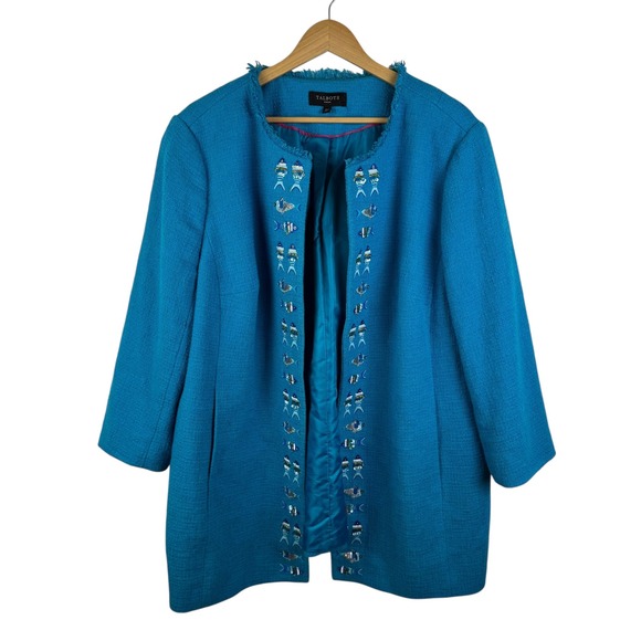 Talbots Jackets & Blazers - Talbots Fish Beaded Embellished Tweed Jacket Size 18W Blue Open Front Preppy